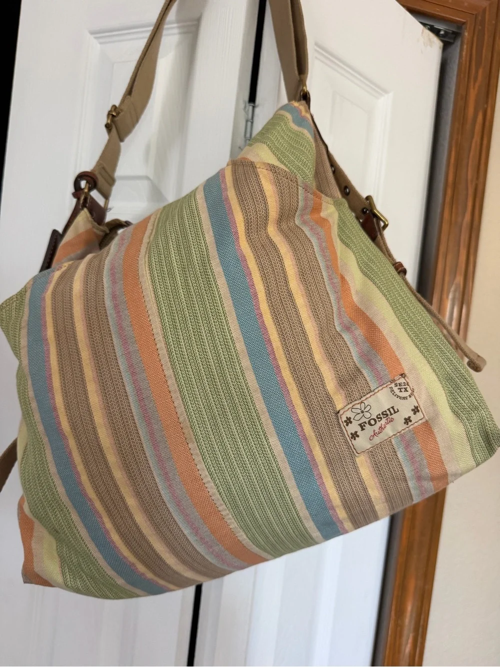 Vintage Fossil Pastel Striped Canvas Shoulder Bag Boho